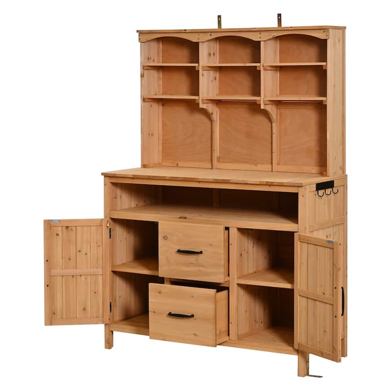 45" Fir Wood Outdoor Potting Bench with Hutch, Cabinets, and Drawers
