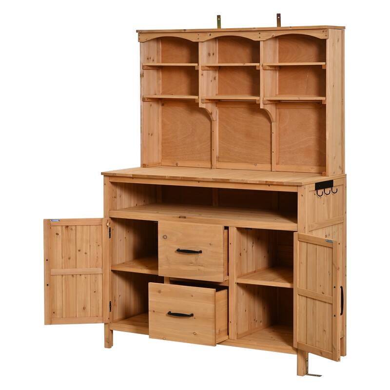 Roomfitters Outdoor Garden Potting Bench with Storage Hutch, Potting Table with Drawers and Cabinets, Shelves