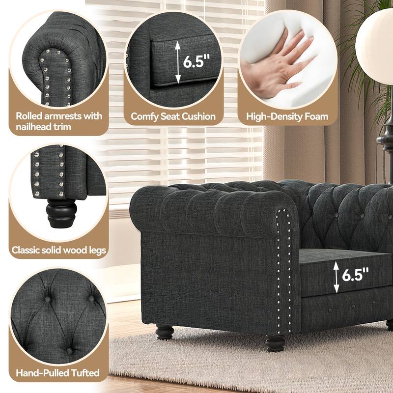 Morden Fort Button Tufted Upholstered Chesterfield Sofa Set Chair, Loveseat 2 PCS for Living Room,Linen,Solid Wood Legs