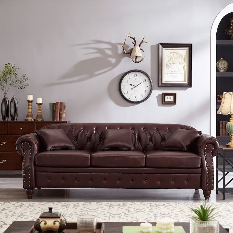 Chesterfield Sofa Classic Tufted Technical Leather Lounge Couch with Hidden Storage, Nailhead Trim and Pillows, for Living Room - Burgundy