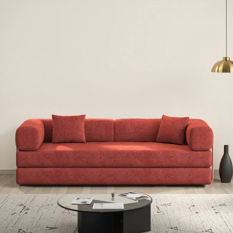 Modular Convertible Sleeper Sofa Bed, Corduroy Fabric Compression Sofa, Floor-Standing Sofa Bed with Armrests & Backrest