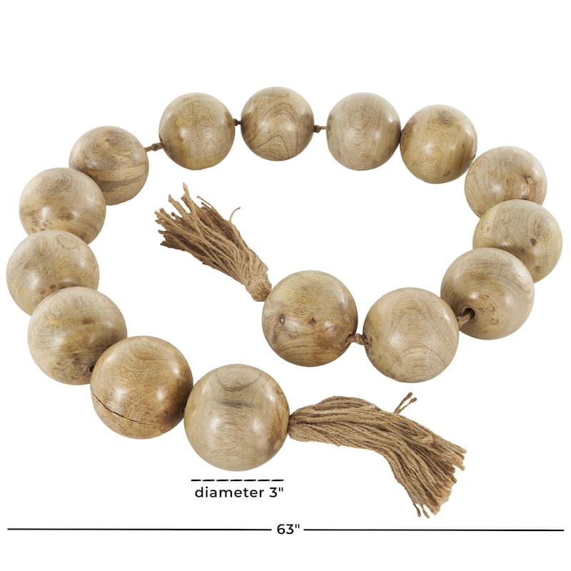 Mango Wood Handmade Round Extra Long Washed Orb Garland with Tassel - Brown, Black or White - Roche River Decor