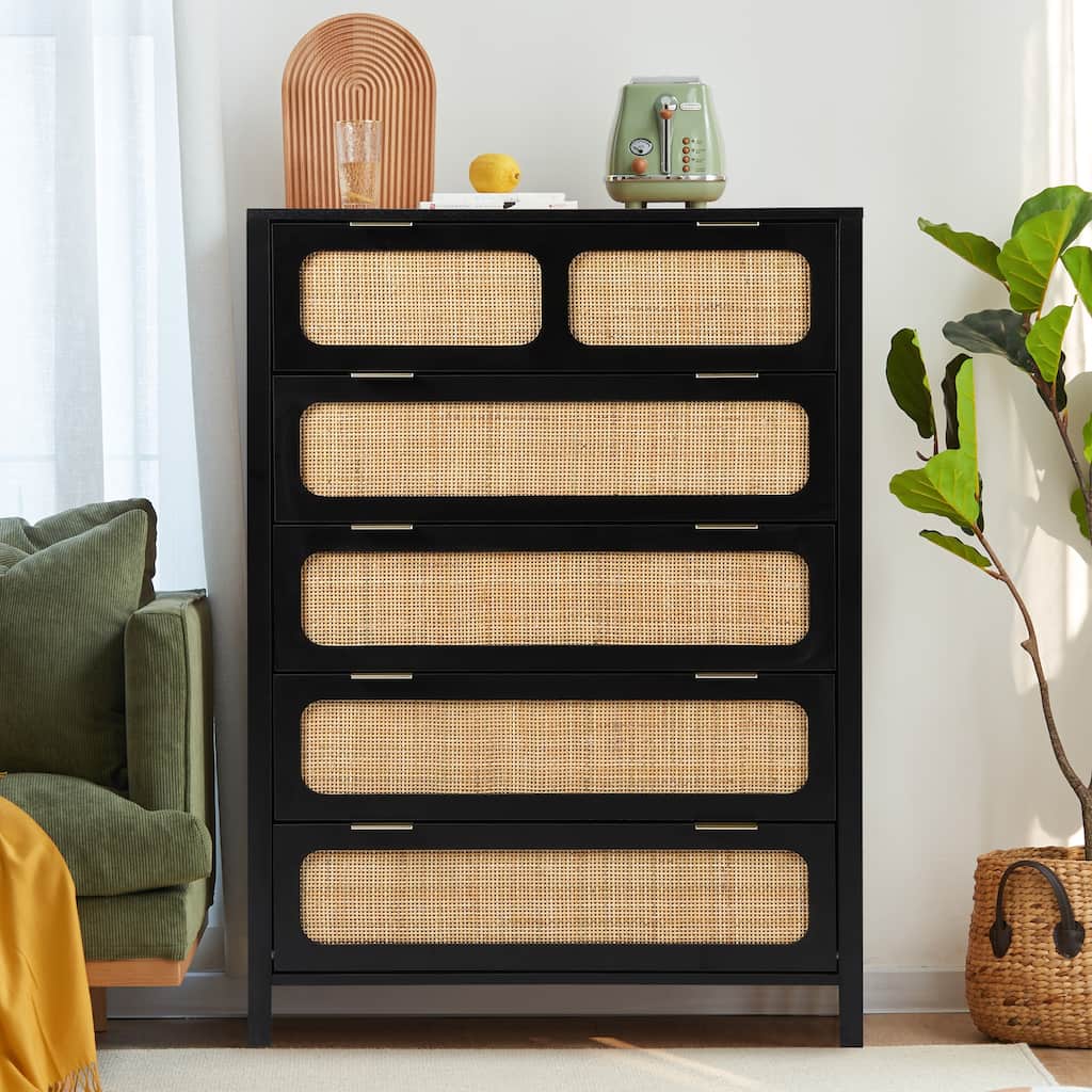 Wooden Rattan 5-Drawer Storage Cabinet Dresser