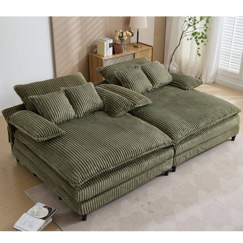 109" W Oversized Corduroy Lounge Chaise Sleeper Sofa 4 Pillows