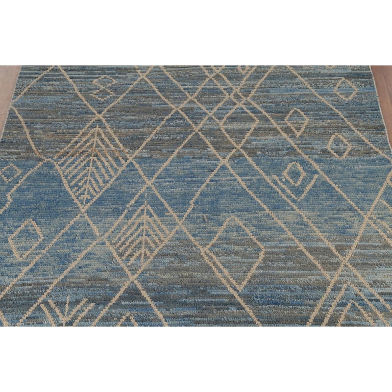 Moroccan Rug Hand-Knotted Blue Abstract Wool Carpet - 7'2"x 10'11"