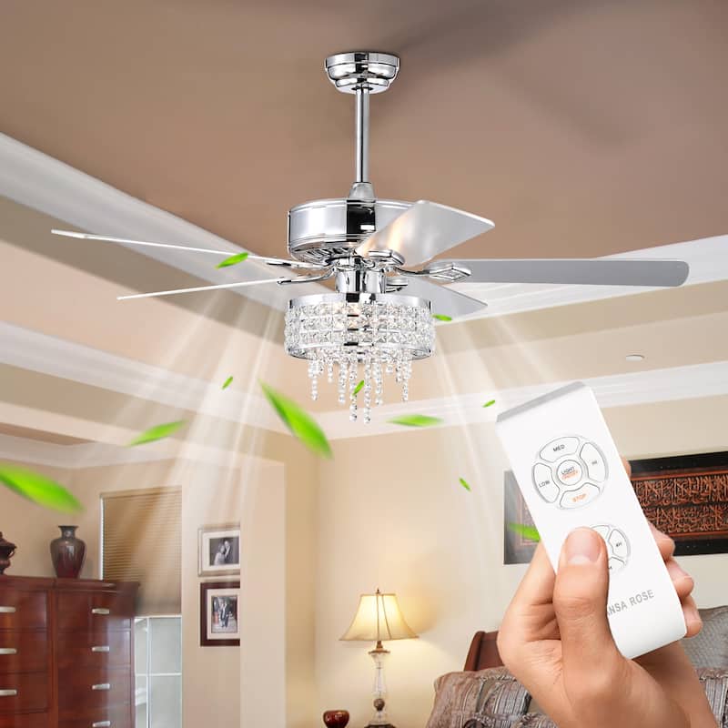 52” Modern Crystal Ceiling Fans with Lights Remote Control, Ceiling Fan with 5 Blade for Living Room, AC Motor, Chrome