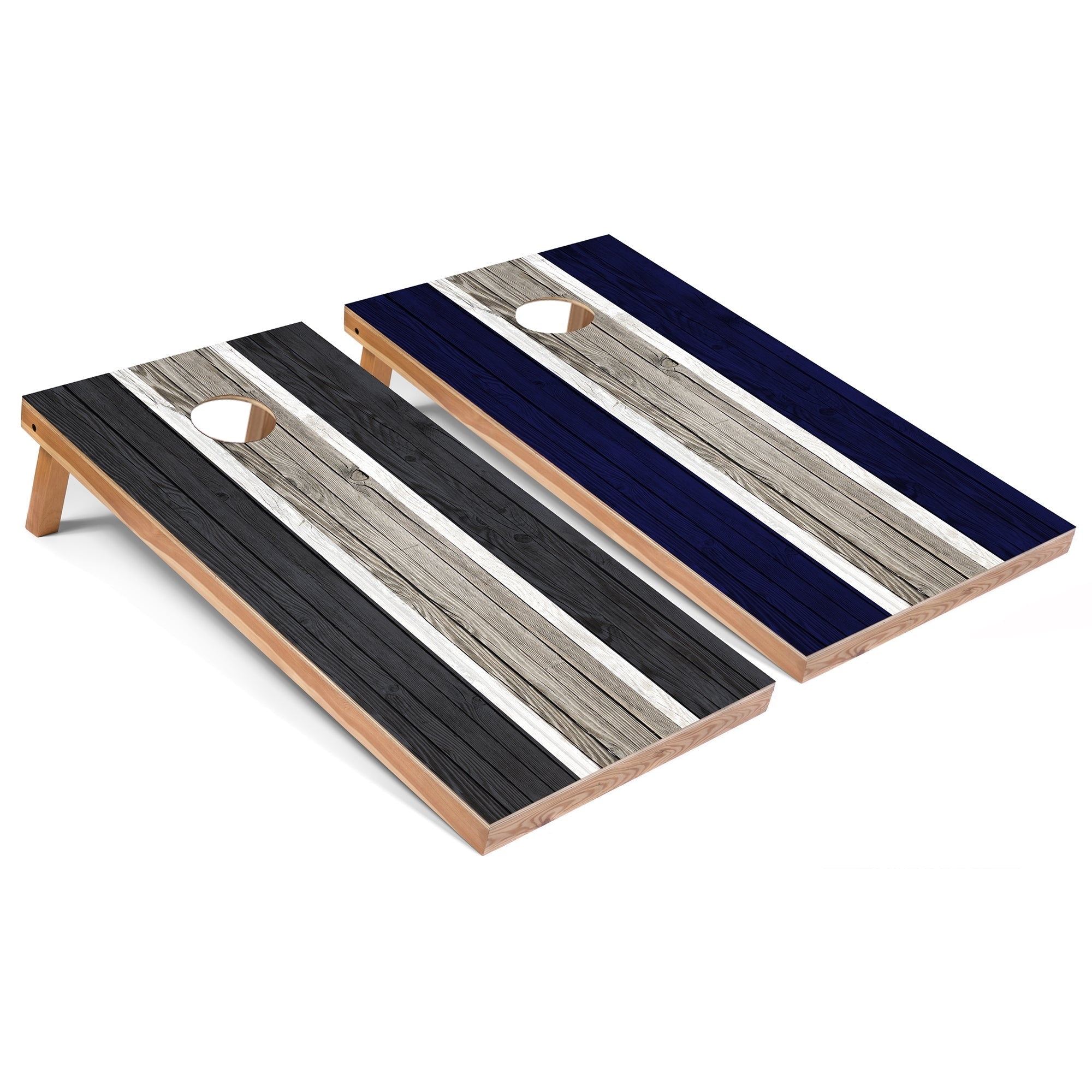 Dark Grey and Navy Striped Cornhole Boards with LED Lights