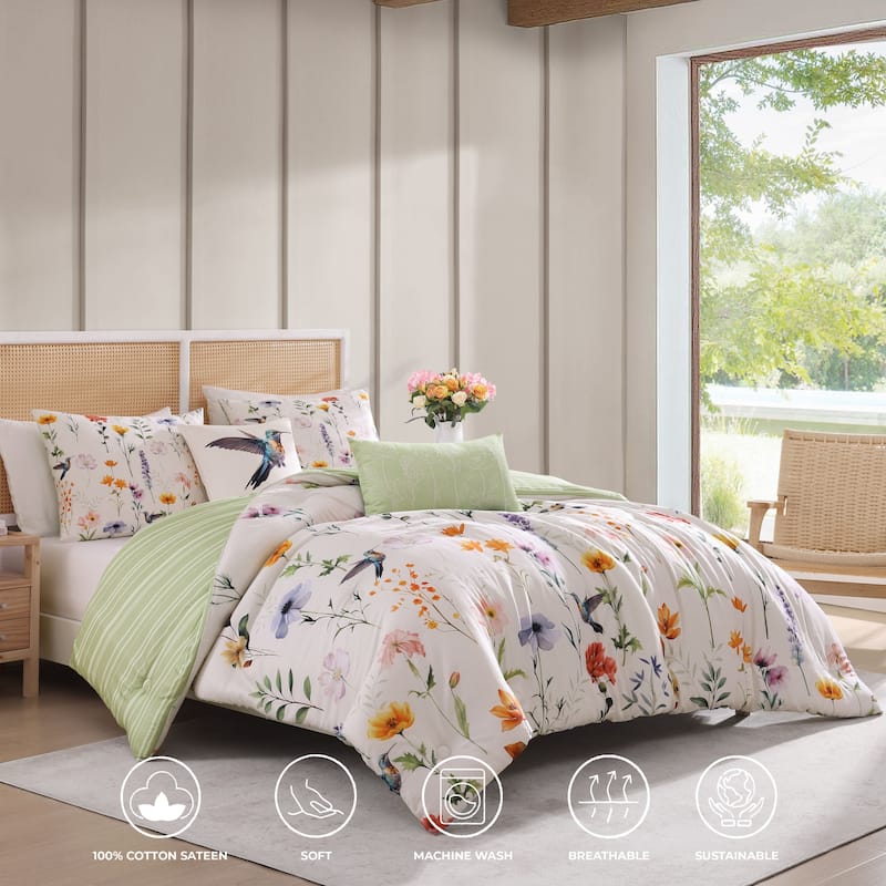 Bebejan Fresh Cut Flowers 200 Thread Count 100% Cotton Sateen 5 Piece Reversible Comforter Set