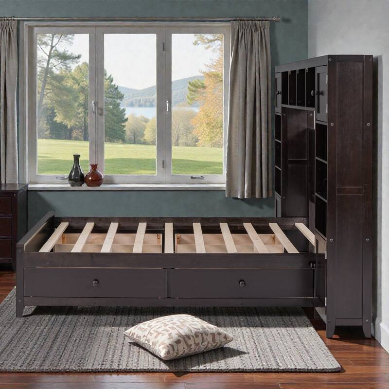 Full Size Wooden Platform Bed with Storage Drawers, All-in-One Cabinet and Shelf Headboard