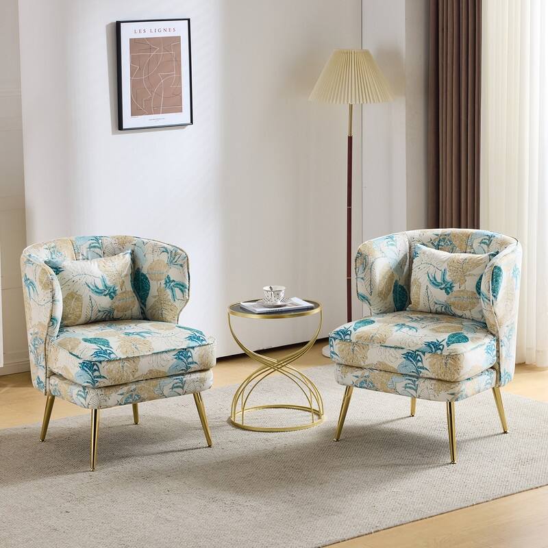 Mid Century Modern Upholstered Reading Chair with Lumbar Pillow, Gold Metal Legs, Small Space Friendly for Living Room Bedroom - Gold Leaf