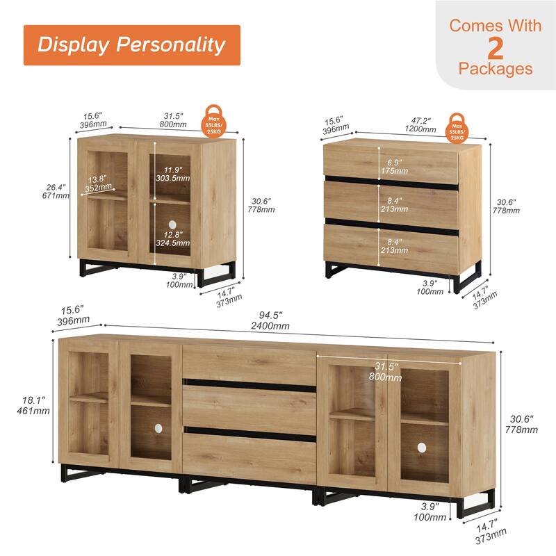 3 In 1 TV Stand for Tvs Up To 100 Inch, Modern Entertainment Center with Glass Doors and Drawer for Living Room