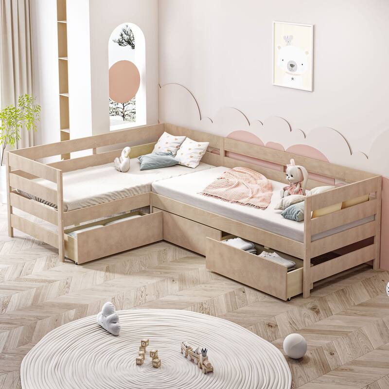 Twin Size L-Shaped Platform Bed With Three Storage Drawers - Natural