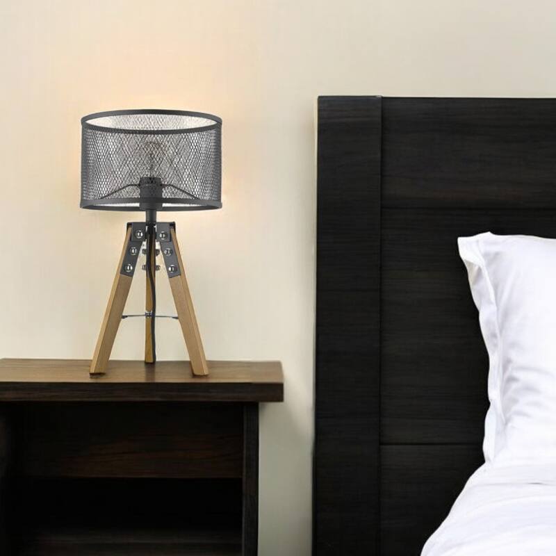 Modern Brown Wood Tripod Table Lamp with Black Drum Shade for Accent Lighting - 11.50" x 11.50" x 20" - Brown-Black