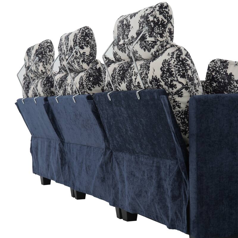 Blue Chenille Sectional Sofa with Floral Fabric, 4-Seater L-Shaped Couch with Adjustable Headrests, Pillows, and Chaise Lounge