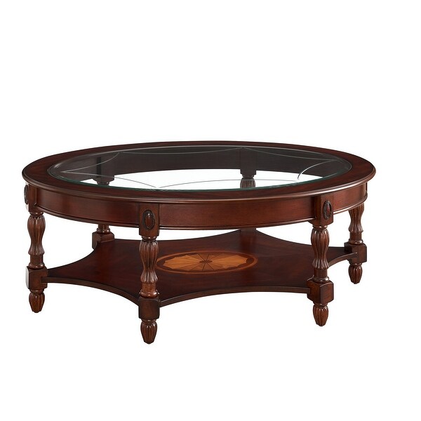 Vintage Solid Wood Oval Coffee Table with Tempered Glass Top and
