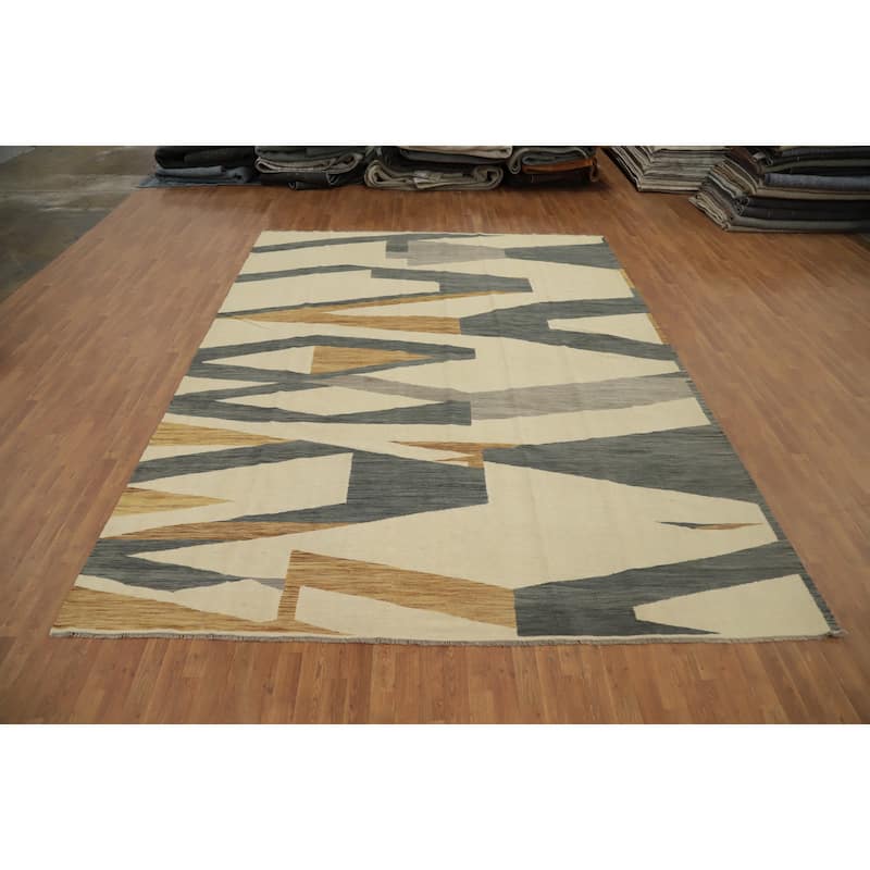 Hand Woven Oriental 100% Wool Carpet Southwestern Modern Beige & Ivories Kilim Area Rug - 13' 2'' X 9' 11''