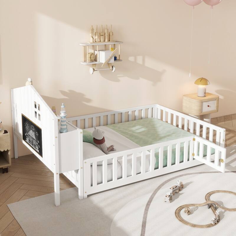 Full-size Montessori Floor Bed with Bookcases, Blackboards & Guardrails, Solid Wood Kids Platform Bed with Storage Headboard