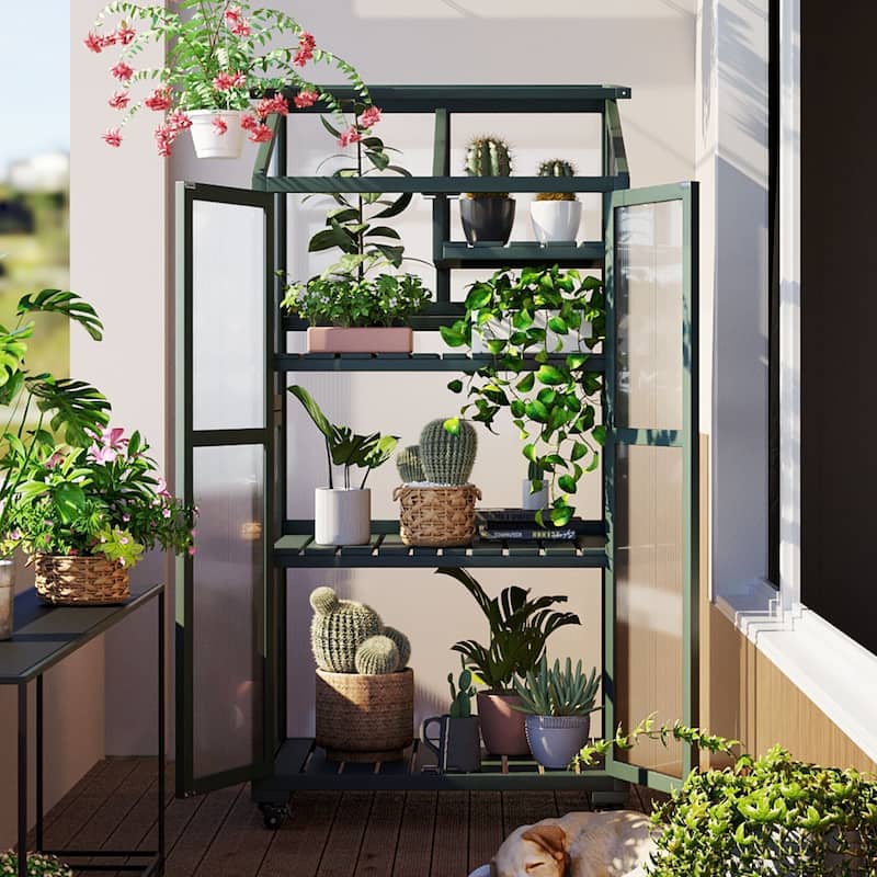 62" Portable Cold Frame Greenhouse with Wheels & Adjustable Shelves - Green