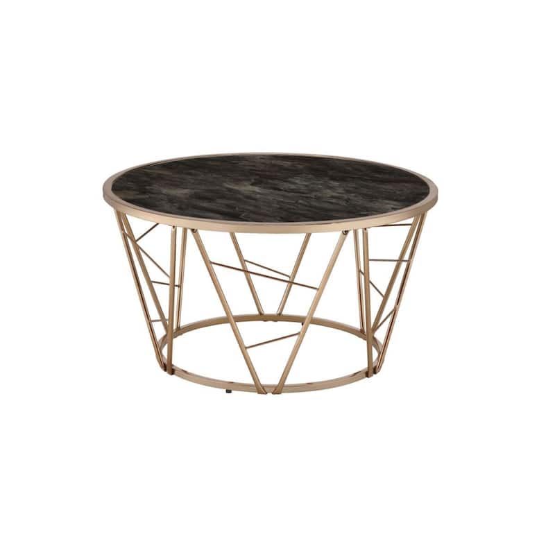 HomeRoots 33" Gold Steel And Faux Black Marble Round Top Coffee Table - 33