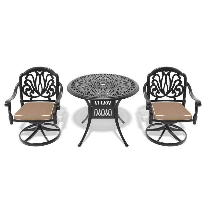 3-Piece Aluminum Round Outdoor Patio Dining Set, 2 Cushioned Swivel Chairs, Table, All-Weather Frames