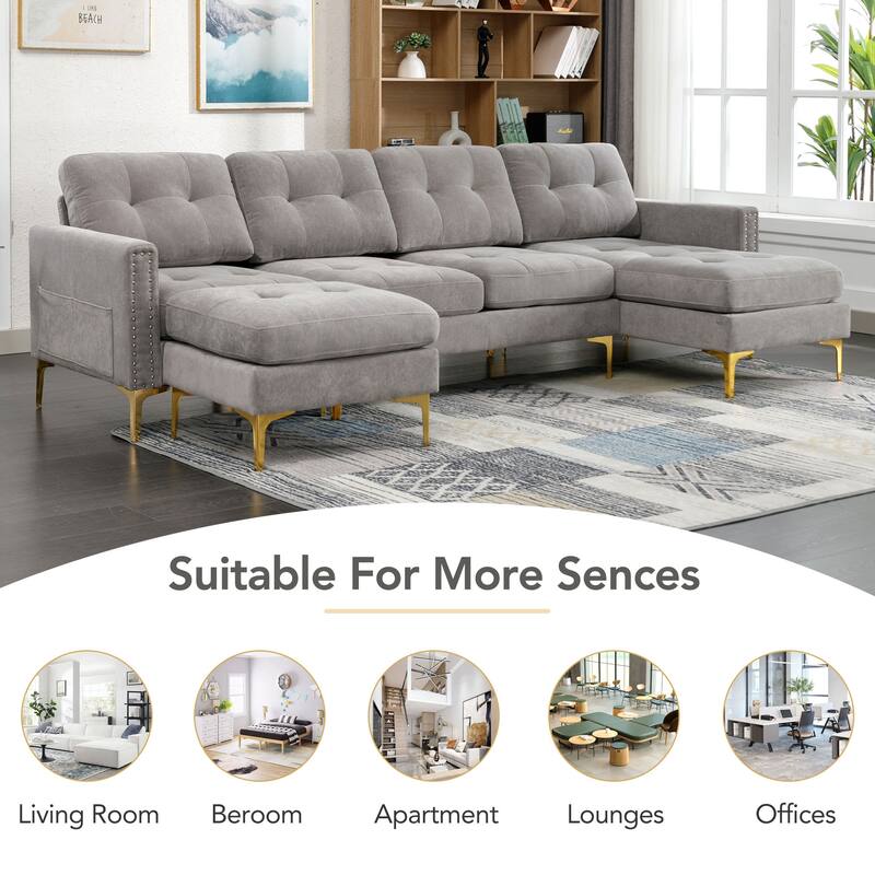110.6" L-Shape Convertible Sectional Sofa Couch with Movable Ottoman for Living Room, Apartment, Office, Light Grey
