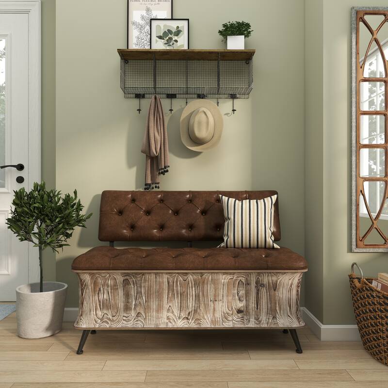 Brown Wood Storage Bench with Tufted Faux Leather Seat and Back
