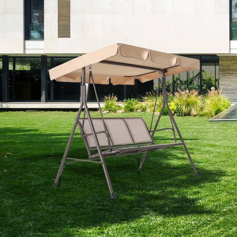 3 Person Outdoor Patio Swing,Steel Frame Textilene Seats Steel Frame Swing Chair,Beige