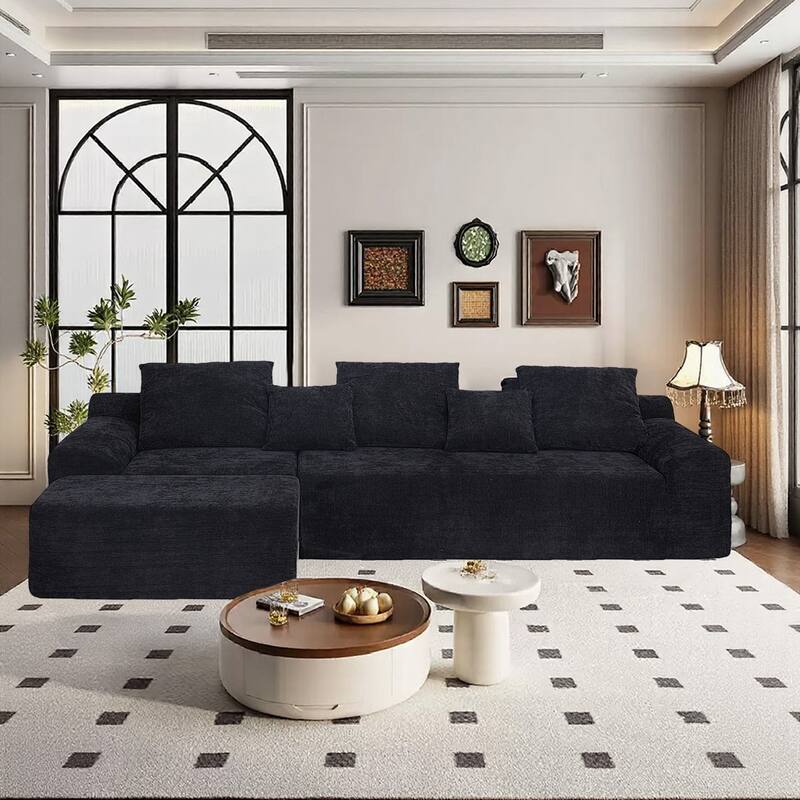 Chenille L-shaped Sectional Sofa, Modular Couch with Adjustable Configurations - Ottoman, Single Sofa Chair and Loveseat - Black