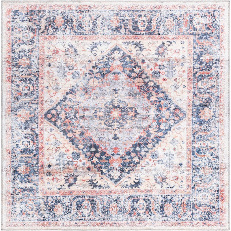 Traditional Tira Collection Area Rug - 5' Square - Navy Blue