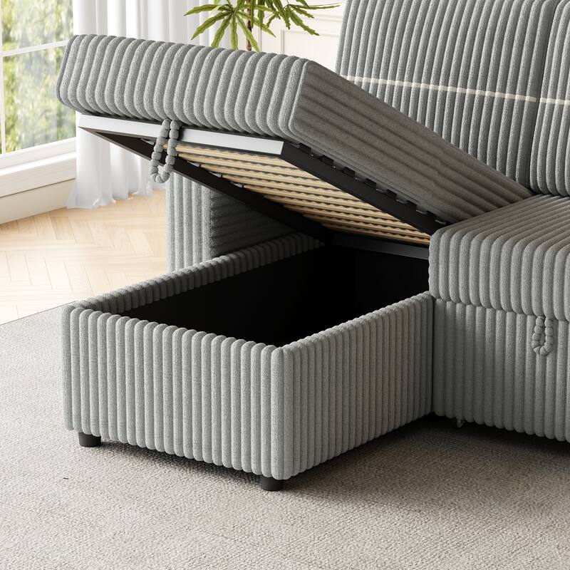 3-Seater Sleeper Sofa Bed with Corduroy Fabric, Storage Chaise, USB Charger, and Cup Holders