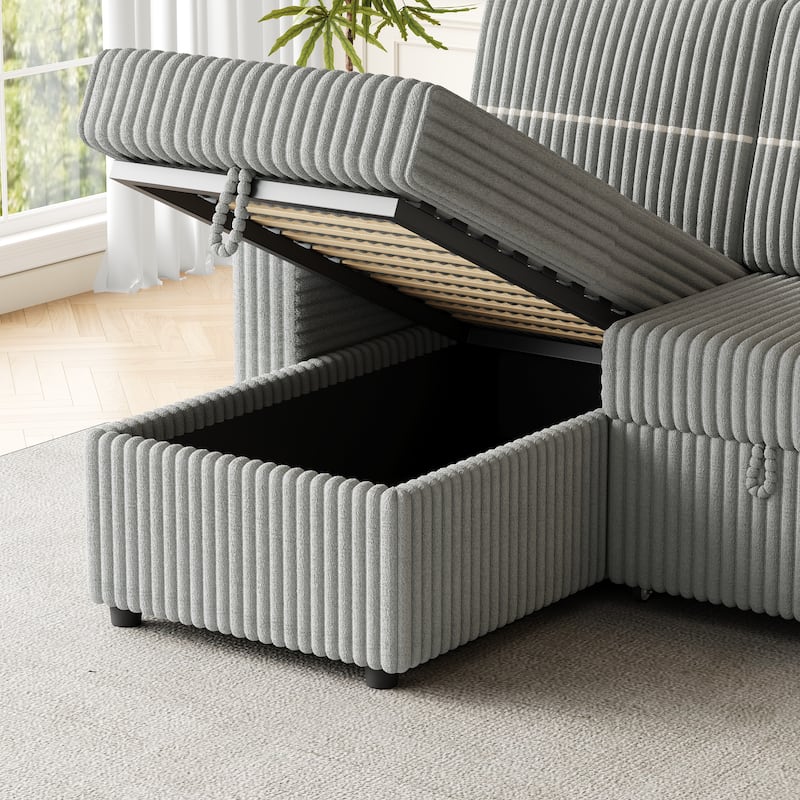 85" Corduroy 3-Seater Sleeper Sofa with Storage Chaise, USB Charging and Cup Holders
