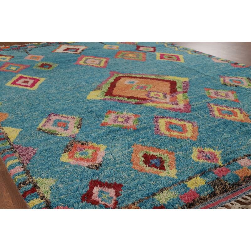 Light Blue Plush Moroccan Oriental Area Rug Handmade Wool Carpet - 7'8" x 10'5"