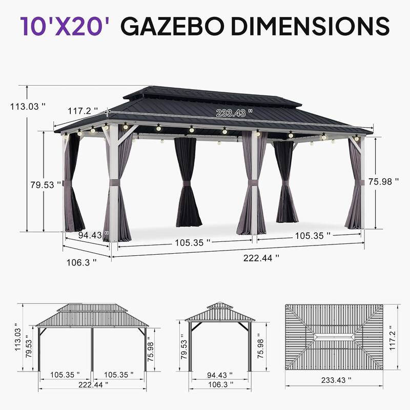 PURPLE LEAF Patio Hardtop Gazebo for Outdoor Grey Galvanized Steel Double Roof White Aluminum Poles