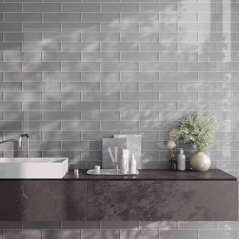 Apollo tile 4" x 16" Colorway Glossy Gray Glass Tile (5.33 sq ft/case) - 12 Pack