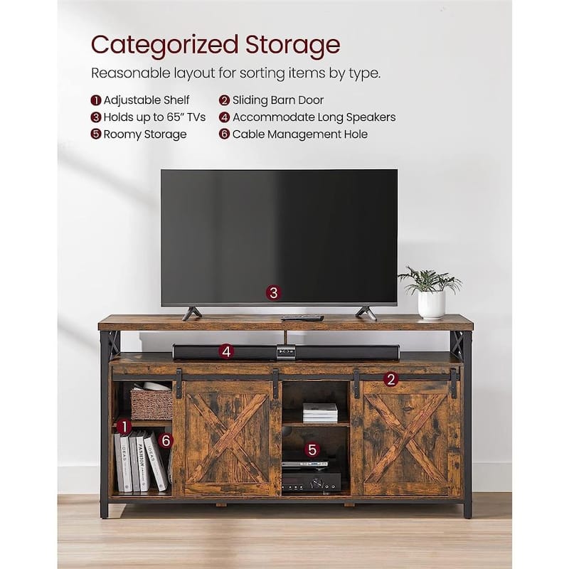 Black Wood Storage TV Stand for 65 Inch TV with Cabinets and Shelves - 57.9”L x 15.7”W x 29.9”H
