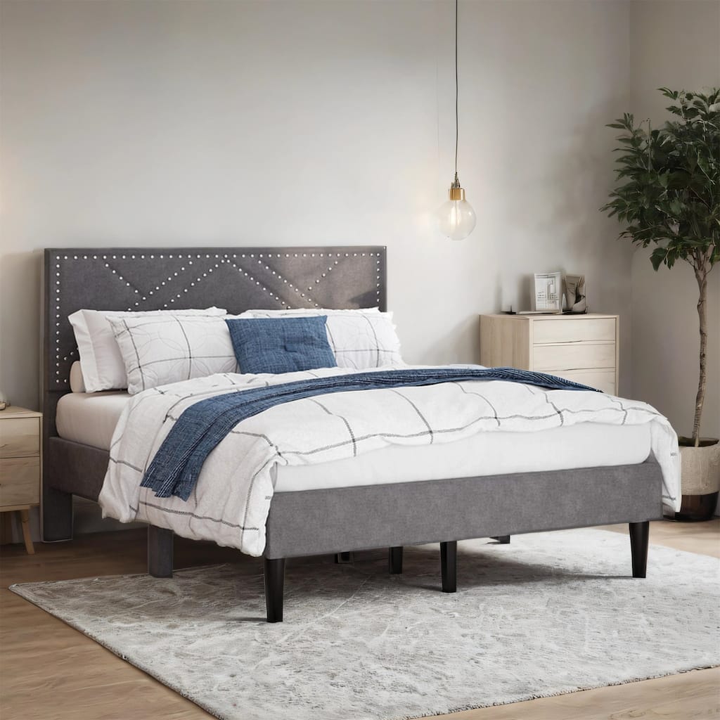 Queen/Full Size Platform Bed Frame with Linen Headboard, No Box Spring