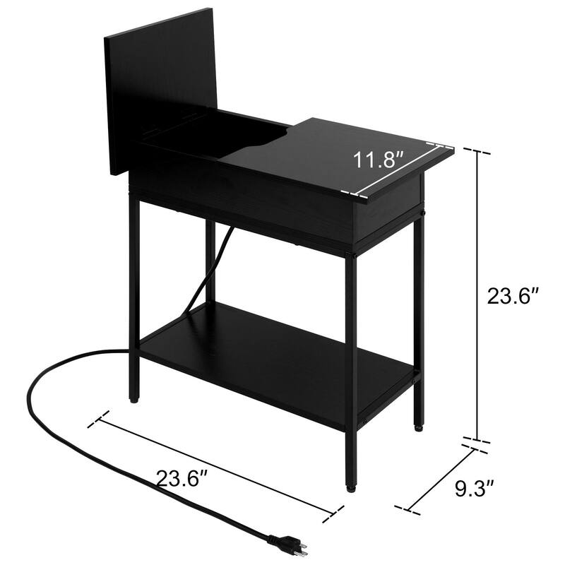 Flip Top Narrow End Table with Storage and Built-In Outlets, Small Side Table