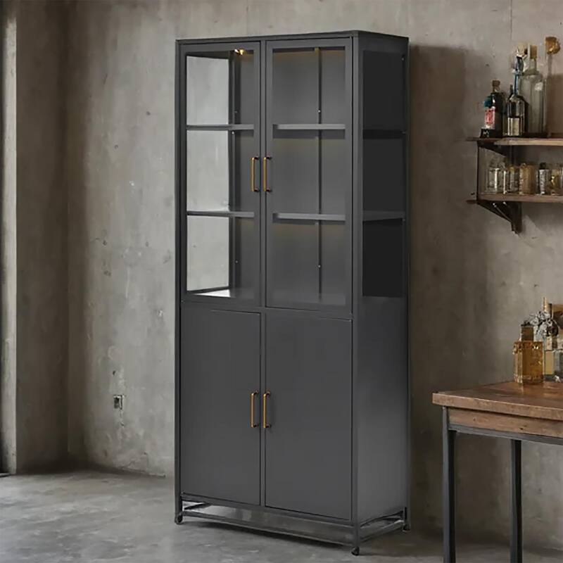 76.75"Tall Display Cabinet,with Glass Doors and LED Lights,Steel Curio Cabinet with 3-Sided Glass,Pantry Cabinet with Storage