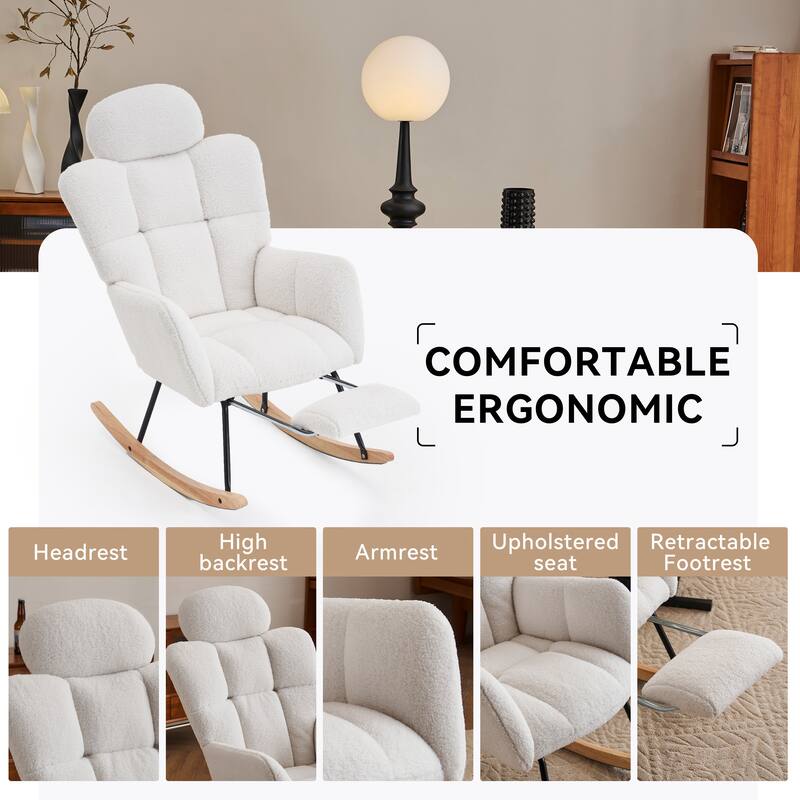 Teddy Fabric Upholstered Nursery Rocking Chair with Pillow & Footrest Modern Accent Armchair Padded Seat with High Backrest