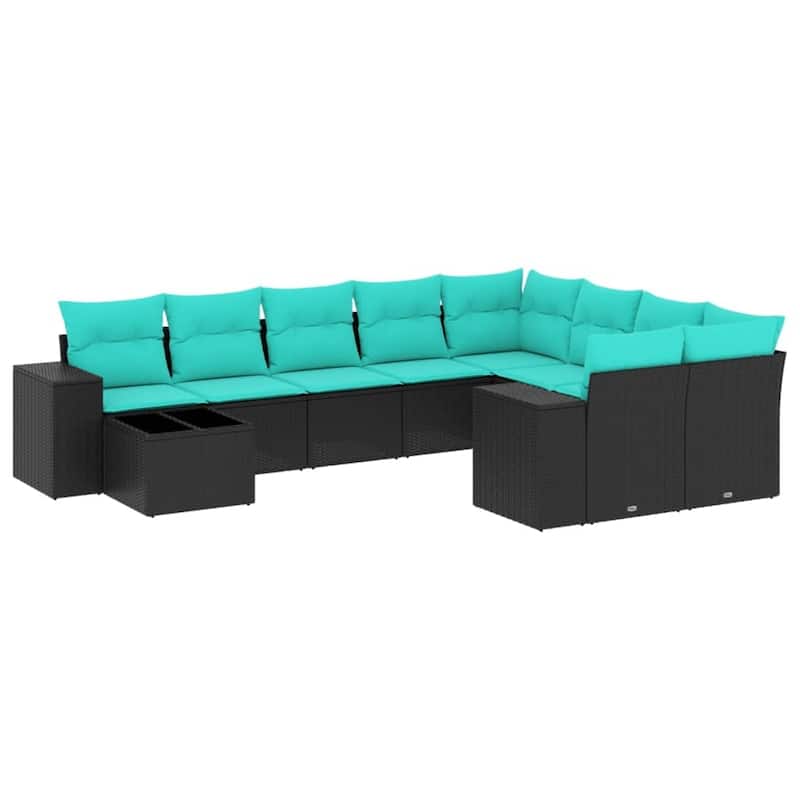 vidaXL 10 Piece Patio Sofa Set with Cushions Black Poly Rattan - 24.4 x 24.4 x 27.2-With table