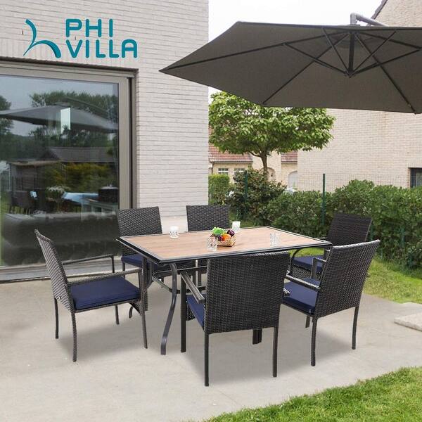 Shop Phi Villa Seats Up To 7 Patio Dining Set Wood Top Patio Table With Umbrella Hole Stackable Poly Wicker Chairs Overstock 32362265