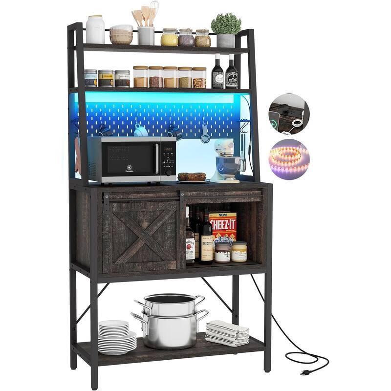 65" Tall Bakers Rack with Sliding Storage Drawer Barn Door & Shelf - Oak