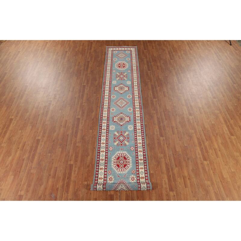 Light Blue Kazak Runner Rug Hallway Hand-Knotted Wool Carpet - 2'10" x 15'2"
