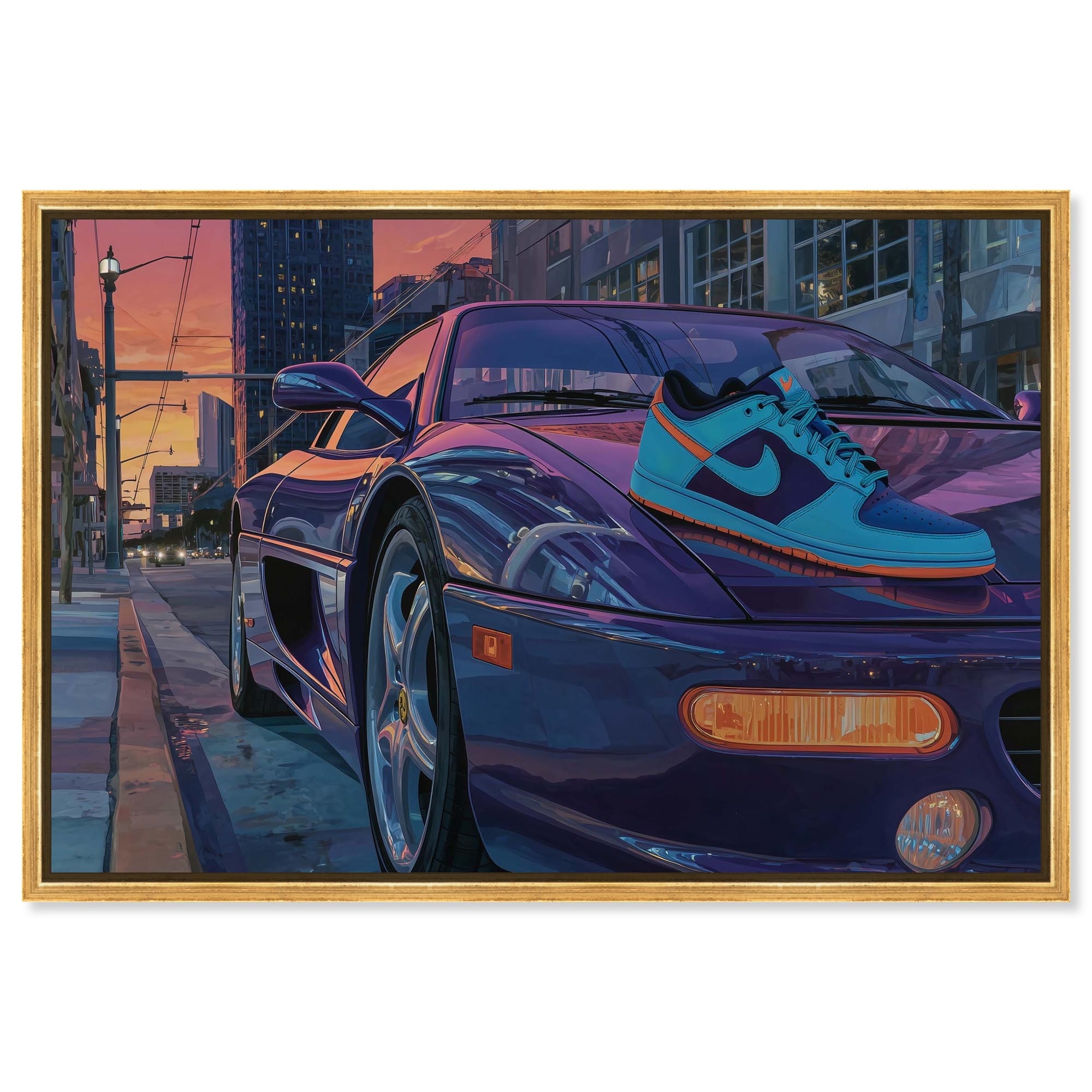 Sunset City Car and Sneaker Car Art Framed Canvas Print by Art Remedy