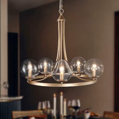 Koiny Modern Gold Circle Chandelier Wagon Wheel 5-Light with Globe Seeded Glass - D24" x H 26"