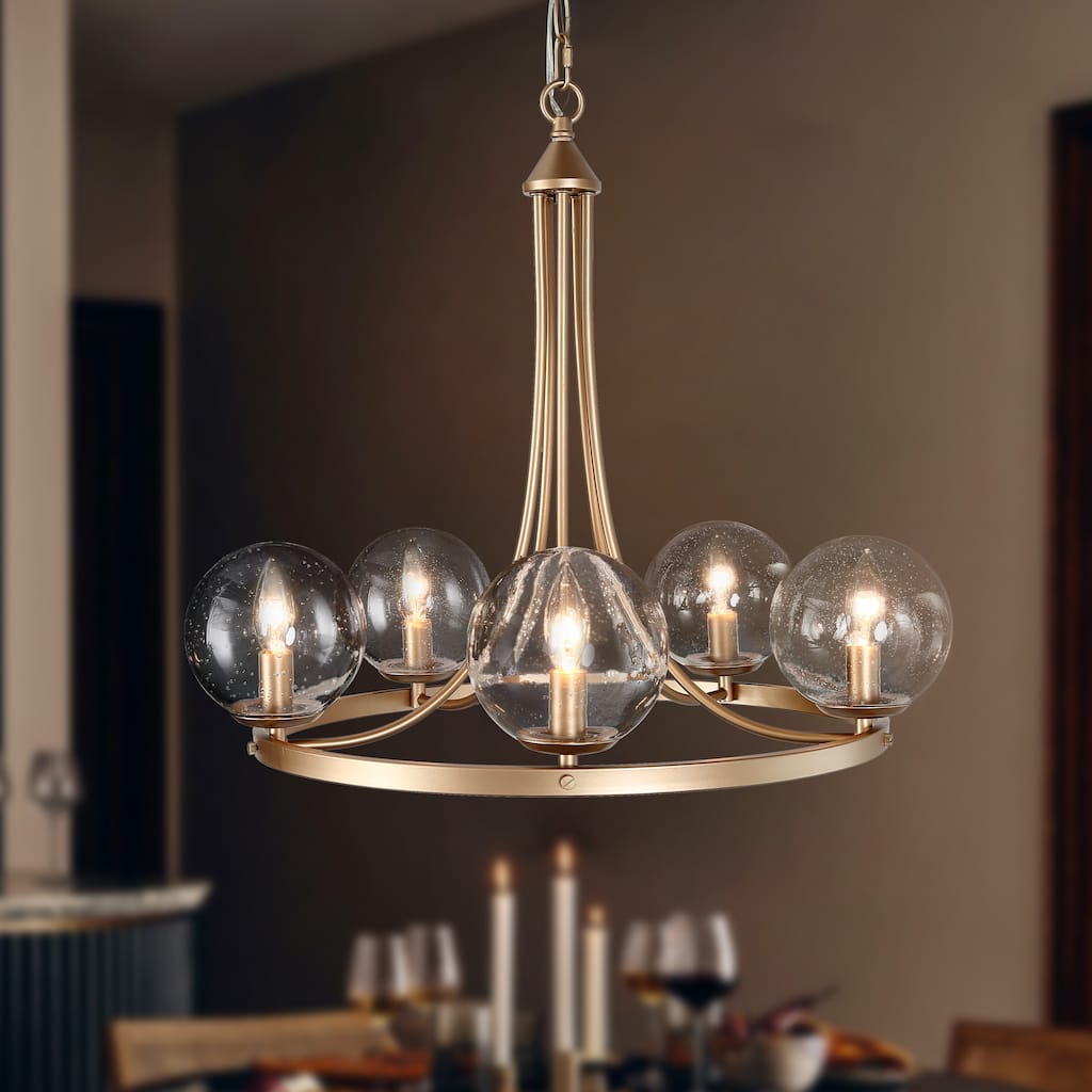 Koiny Modern Gold Circle Chandelier Wagon Wheel 5-Light with Globe Seeded Glass - D24" x H 26"