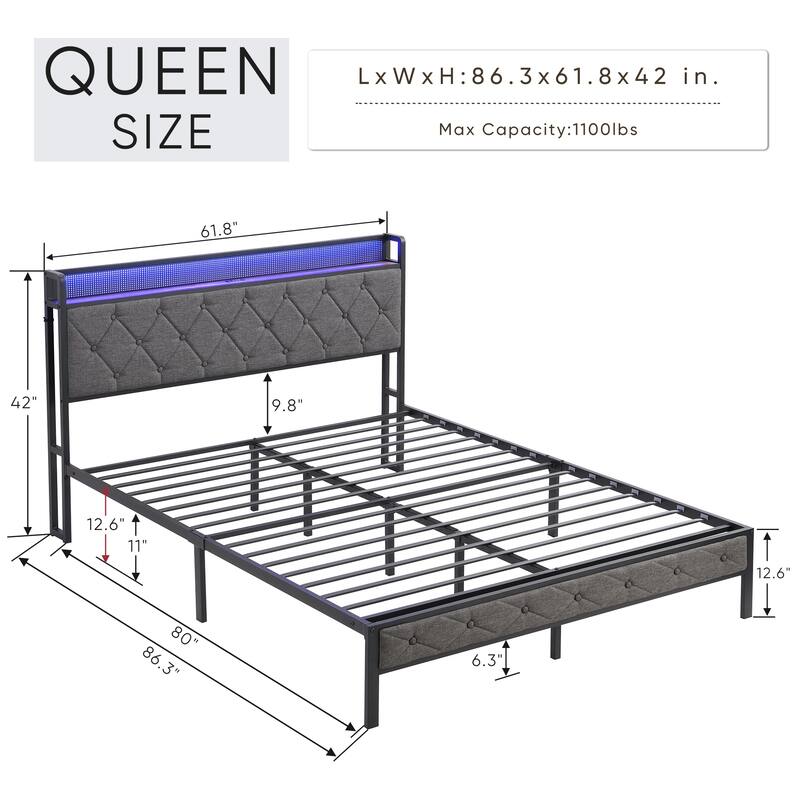 Modern Upholstered Bed Frame with Charging Station, LED Lights, and Storage Headboard, Available in Full, Queen, King