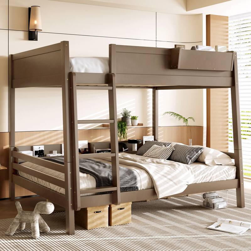 Wood Bunk Bed with Storage Shelves and Bookshelf, Ladder & Guardrails, Detachable Design - Brown - Queen
