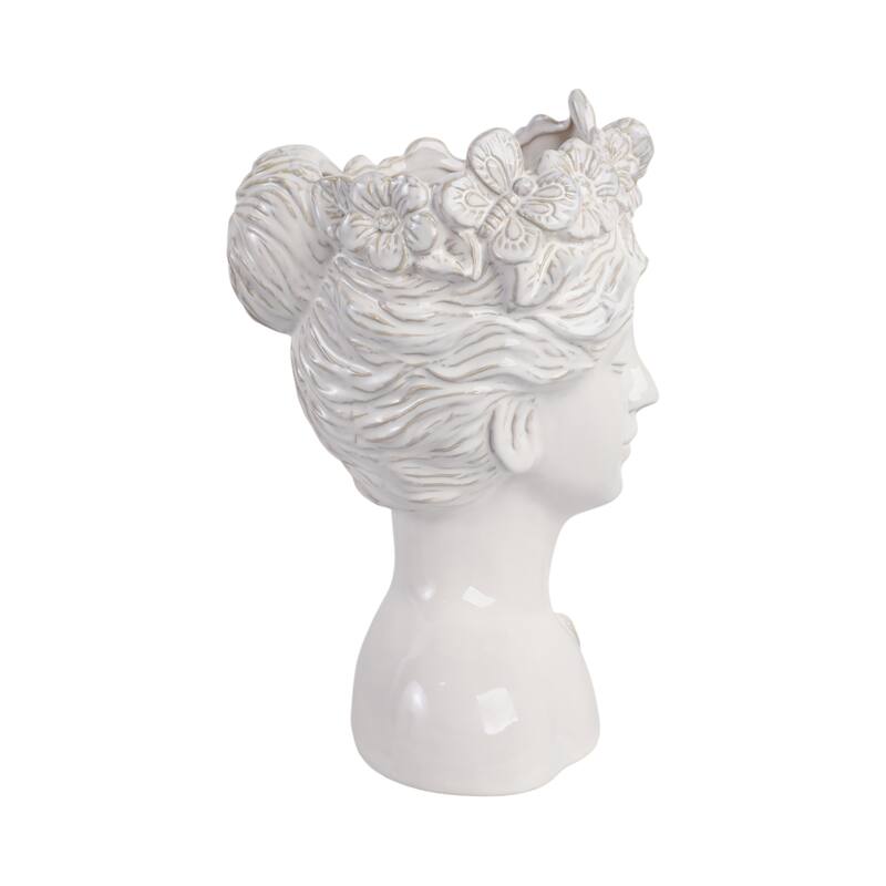 Ceramic Pot Planter Lady Crown Flower and Butterfly - 12" Ivory - 8" x 7" x 12"