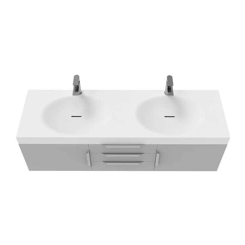 Thames 60" Shallow Basin Wall Mounted Bathroom Vanity Set w/ White Top